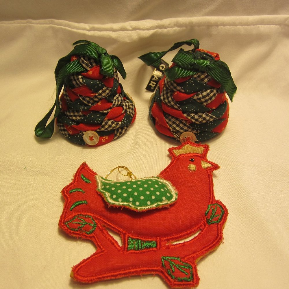 VTG 70'S FABRIC ORNAMENTS, 2 BELLS AND A PARTRIDGE